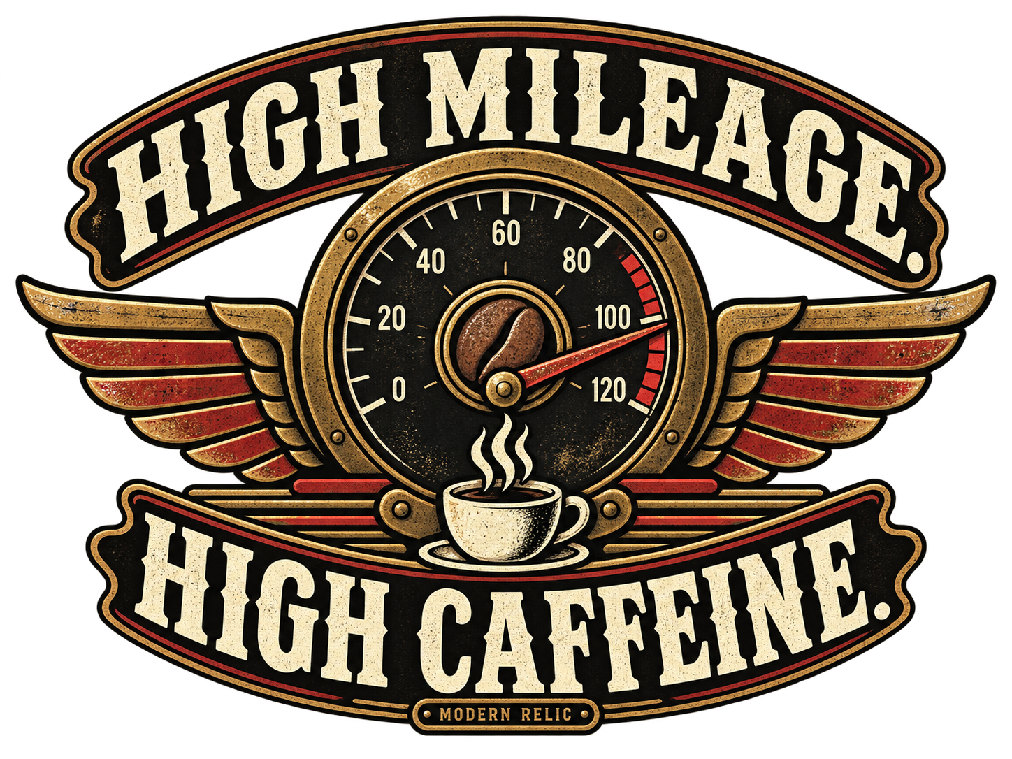 High Mileage. High Caffeine. mug design artwork